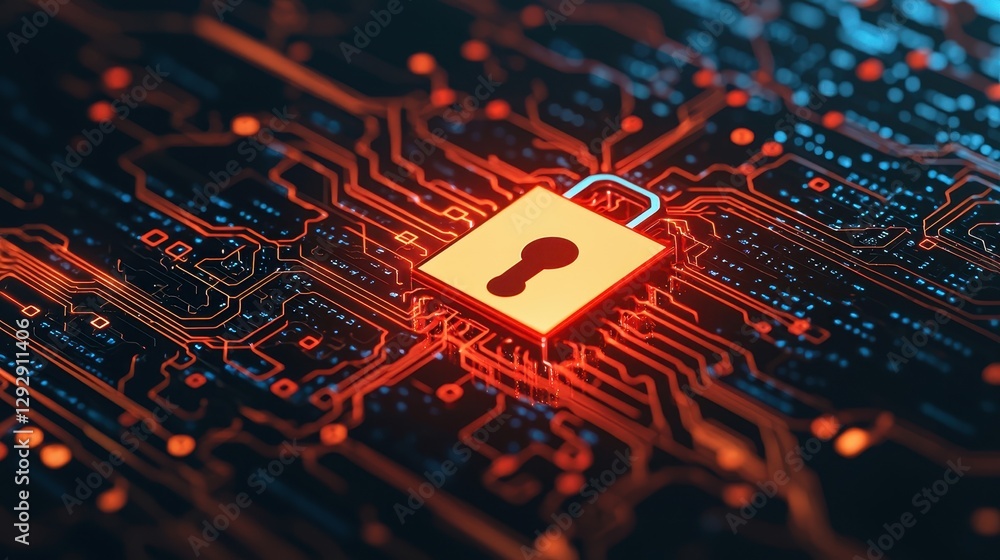 Poster bright digital lock symbol on circuit board background representing cybersecurity and data protectio