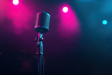 Obraz premium Retro microphone on a dim concert stage with pink and blue lights Space for text on a live music or podcast backdrop