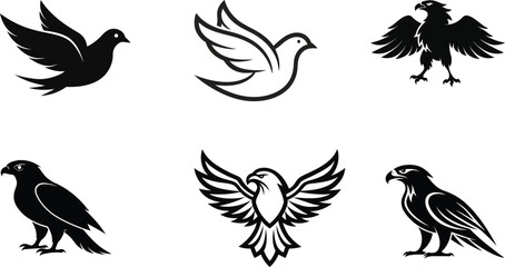 Bird Silhouette Vector Icon Collection Bundle Set – Black Wildlife Clipart,Kiwi Bird,dove Bird vector illustration.