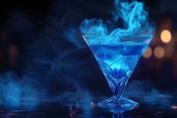 Elegant blue martini with swirling vapor, perfect for upscale bar imagery