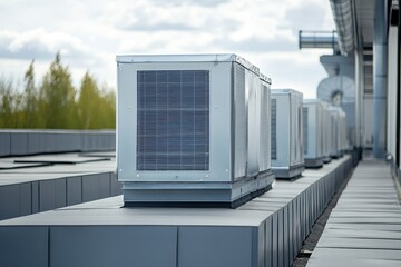 Fototapeta premium Roof mounted external air conditioning and ventilation unit with exhaust on a factory flat roof