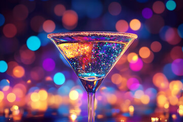 Elegant martini cocktail with shimmering glitter, vibrant bokeh background reflecting a celebratory party atmosphere