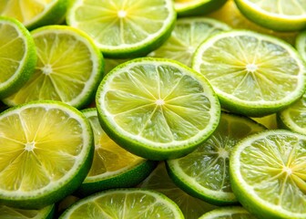 Freshly sliced lime halves glisten with moisture, showcasing their vibrant yellow-green color, perfect for cocktails or garnishing dishes.