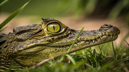 Fototapeta premium Close-Up of Crocodile Eye, Detailed Texture and Intricate Skin Patterns