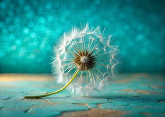 Lone dandelion seed head, turquoise background, crack, serenity