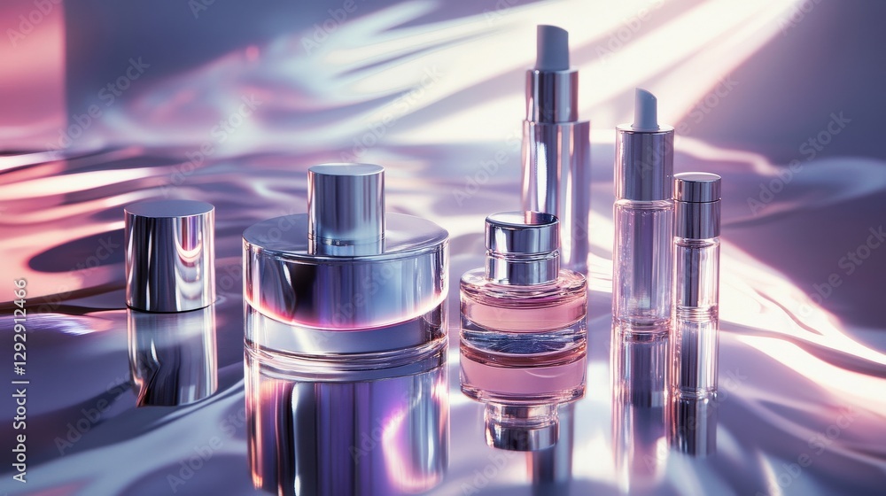 Poster elegant perfume bottles displayed on reflective surface