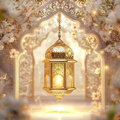 Glowing Islamic Holy Month Ramadan Lantern Suspended in a Stunning Moroccan Arch