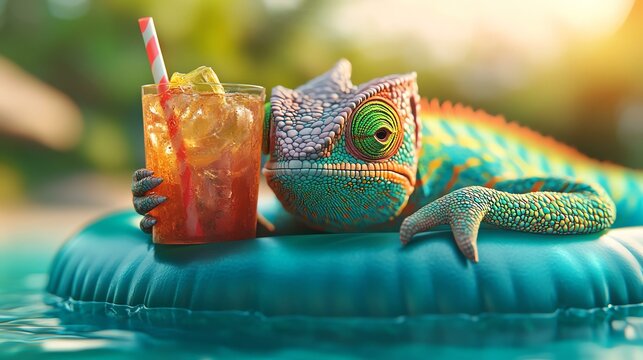 A cool chameleon relaxing on a beach with a tropical drink in hand A vibrant chameleon relaxing on a floatie by the pool with a refreshing drink in its hand, symbolizing summer fun.
