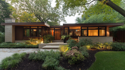 Fototapeta premium Modern Home Exterior: A contemporary home featuring a sleek flat roof, expansive windows, and manicured landscaping, creating an inviting and stylish atmosphere. The evening lights cast a warm glow.
