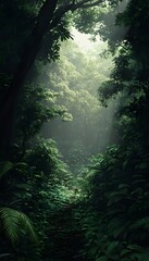 Lush green jungle with a narrow path and soft light
