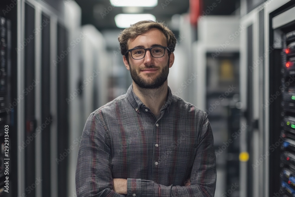 Aufkleber portrait of a smiling it professional in a server room. the image is ideal for websites or articles 
