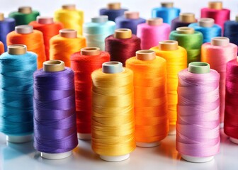 A pile of multicolored spools of sewing thread