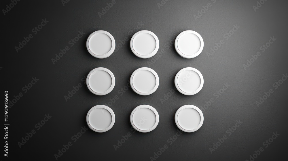 Poster nine white circles arranged in a grid pattern on a dark background.