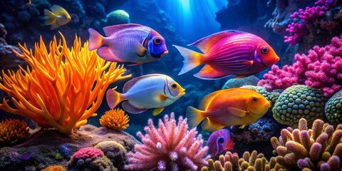 Vibrant Reef Scene A Colorful Underwater Paradise Featuring Diverse Marine Life and Coral Formations