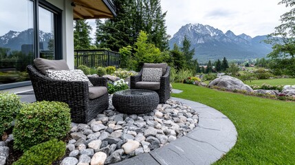 Fototapeta premium Modern patio with mountain view, relaxation, outdoor living