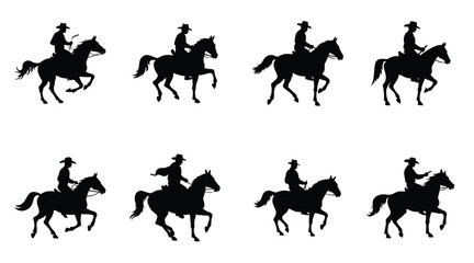 Cowboy riding horse silhouette vector set