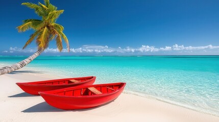 Obraz premium Scenic tropical beach with red boats and palm tree under clear blue sky.