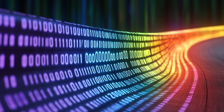 vibrant binary data flow in digital landscape