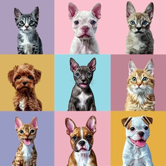 Fototapeta premium Colorful Pop Art Style Portrait Grid of French Bulldogs, Boxer Puppies, and a Cat - Modern Digital Illustration