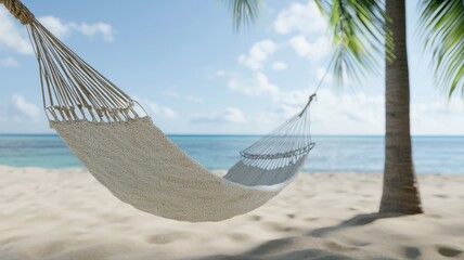 Serene beach scene with hammock and palm tree, perfect for relaxation and tropical escapes.