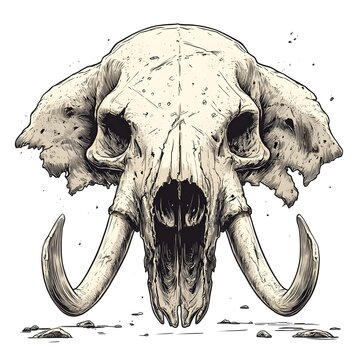 A large tusky skull perched on a smaller skull, showcasing the striking power of nature