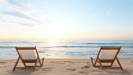 Fototapeta premium Serene beach view at sunrise with two wooden chairs facing the calm ocean, perfect for relaxation and travel inspiration.