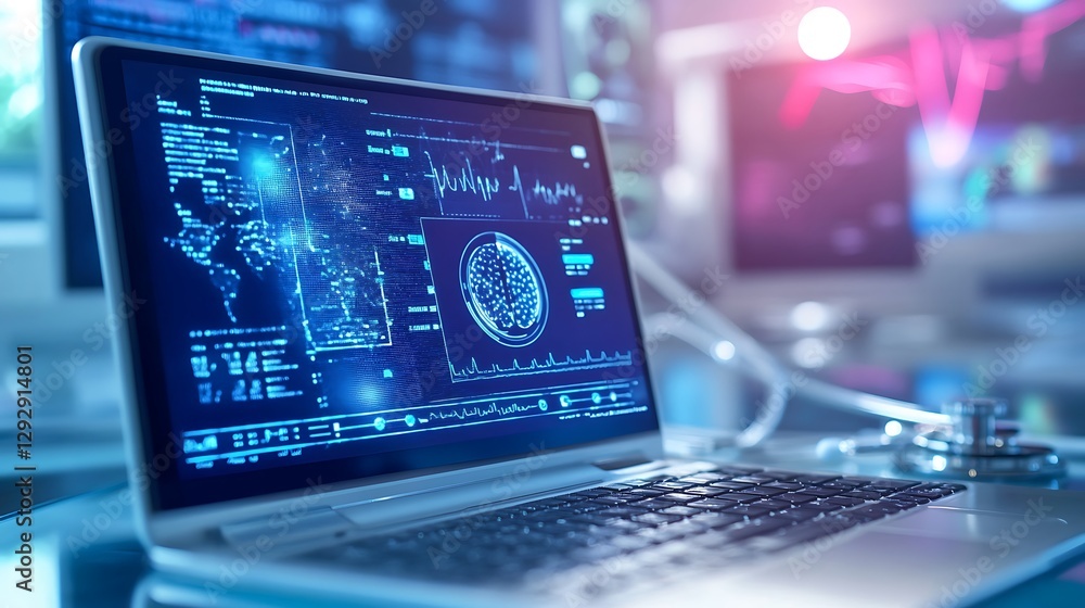 Poster laptop displays medical data with brain scans world map for symbolizing digital healthcare advanced 