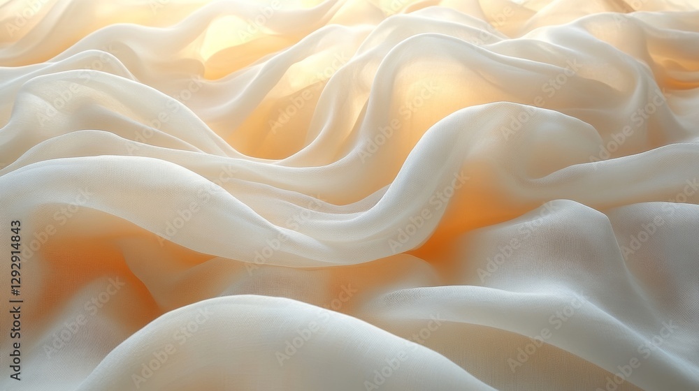 Poster soft cream-colored chiffon fabric with flowing waves and warm lighting. elegant textile background, 