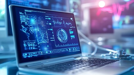 Laptop displays medical data with brain scans world map for symbolizing digital healthcare advanced technology concept.