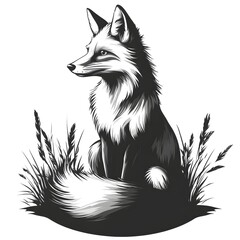 Fototapeta premium Charming illustration of a fox sitting in the grass surrounded by greenery and nature