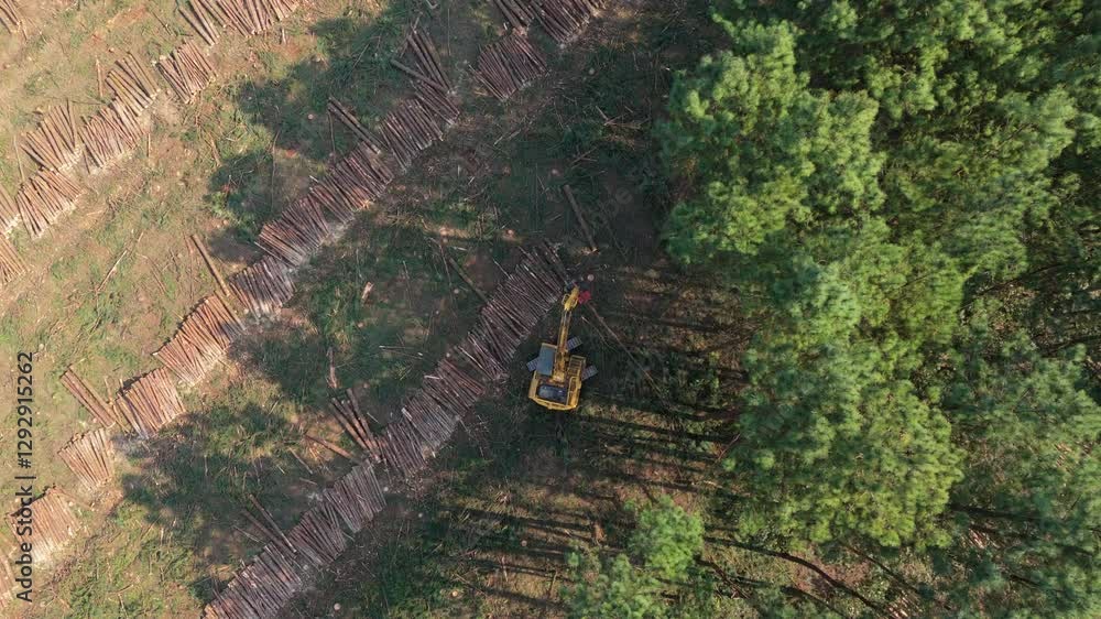 Poster aerial view of deforestation showing felled trees and a machine cutting down log in a forested area.