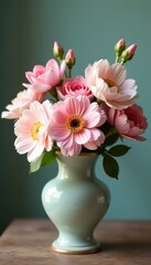 Obraz premium A beautiful arrangement of pastel-toned spring flowers in an antique vase, colorful, arrangement