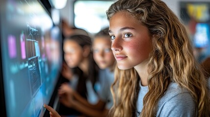 A teacher using a smartboard to teach a science lesson, with students interacting with the board, symbolizing innovative teaching methods and technology in the classroom. 