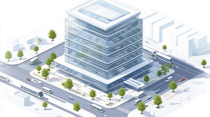 A futuristic isometric business district featuring a towering multi-story office building with a glass facade and sharp angular edges