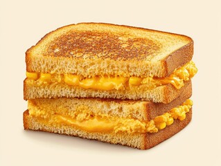 Goldenbrown grilled cheese sandwich with tuna and corn filling, perfectly toasted and stacked, placed against a soft pastel beige background