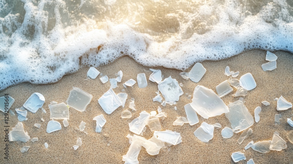 Aufkleber plastic fragments mix with ocean waves on the shore, highlighting pollution and its effects on marin
