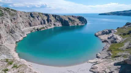 Fototapeta premium Serene coastal lagoon with turquoise waters surrounded by rocky cliffs under a clear blue sky.