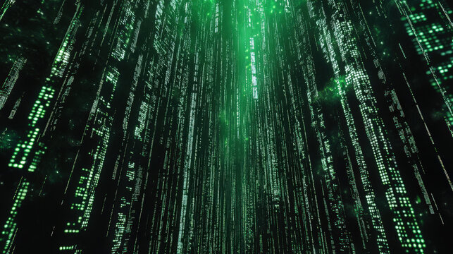A green neon image of long vertical lines of dots. The image is abstract and has a futuristic, sci-fi atmosphere. The matrix and data protection. Hacking a computer program