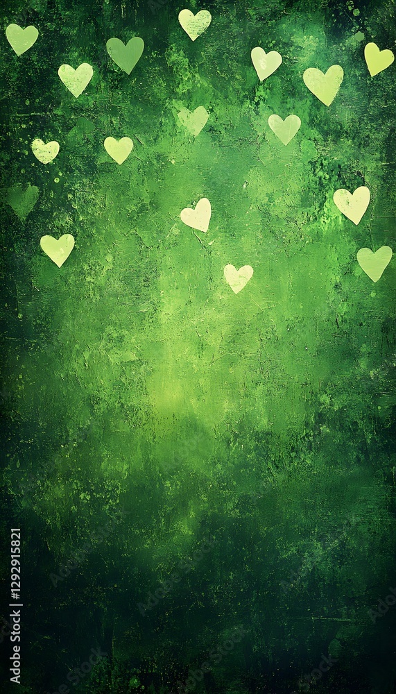 Poster hearts float on a textured green backdrop creating an aesthetic visual