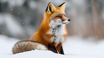Fototapeta premium Majestic red fox sitting gracefully in the fresh, soft snowy landscape of winter wilderness