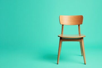 Simple wooden chair stands alone in front of a green background