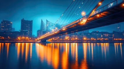 Naklejka premium A stunning night view of a modern suspension bridge, with glowing lights reflecting on the river below. 