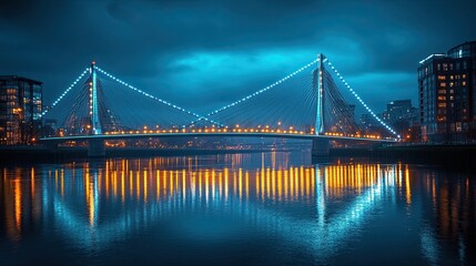 A stunning night view of a modern suspension bridge, with glowing lights reflecting on the river below.