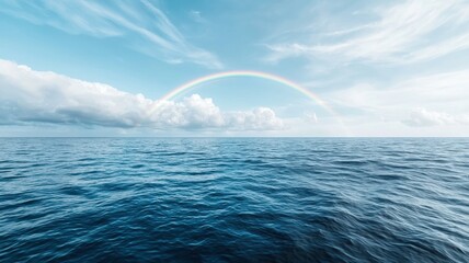 Serene ocean view under a vibrant rainbow arching across a clear blue sky on a peaceful day.