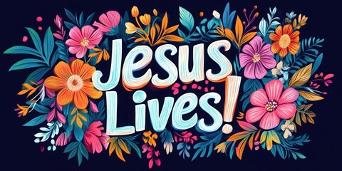 Fototapeta premium Jesus Lives! Floral Design: A vibrant floral design that embodies faith, featuring the words 