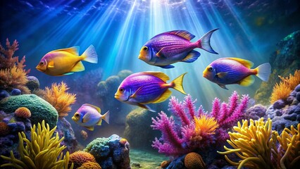 Vibrant Reef Scene Featuring Colorful Fish Swimming Amongst Lush Coral and Anemones in a Sunlit Underwater Paradise