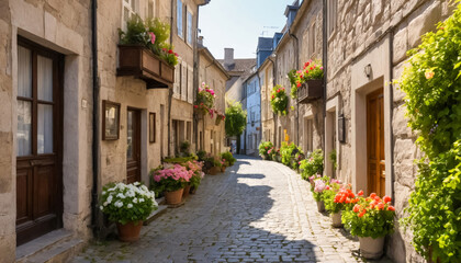 Naklejka premium Empty cobblestone street in a quaint european village soft afternoon light.