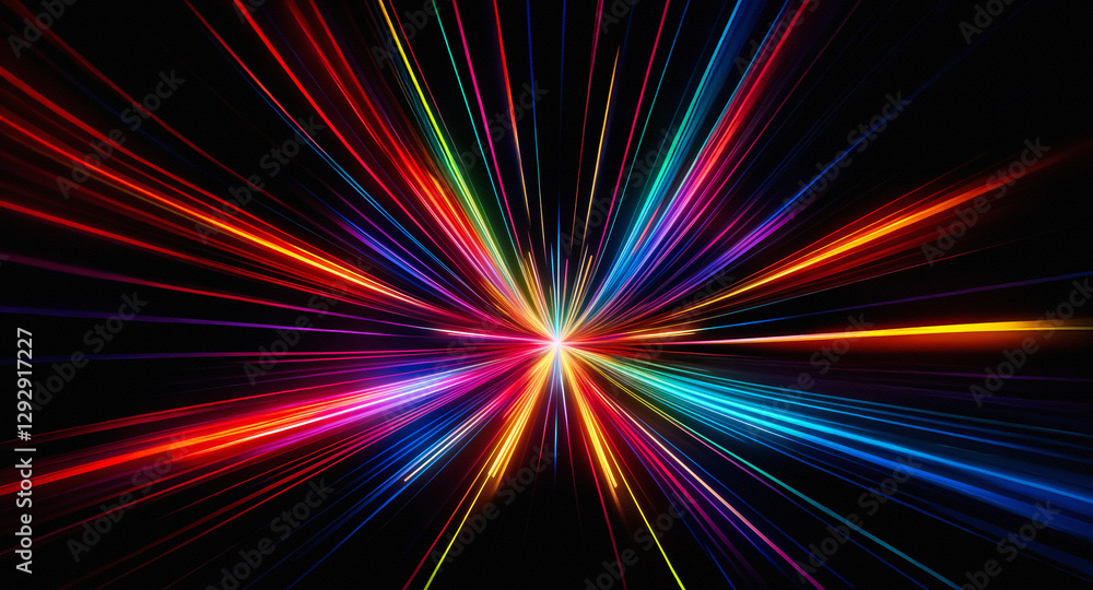 Poster vibrant light rays emanate from a central point on a black backdrop, creating a dynamic and colorful