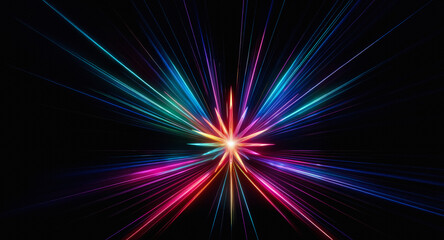 Vibrant light beams radiate from a bright center on a dark backdrop, forming a dynamic and abstract explosion of color and energy.