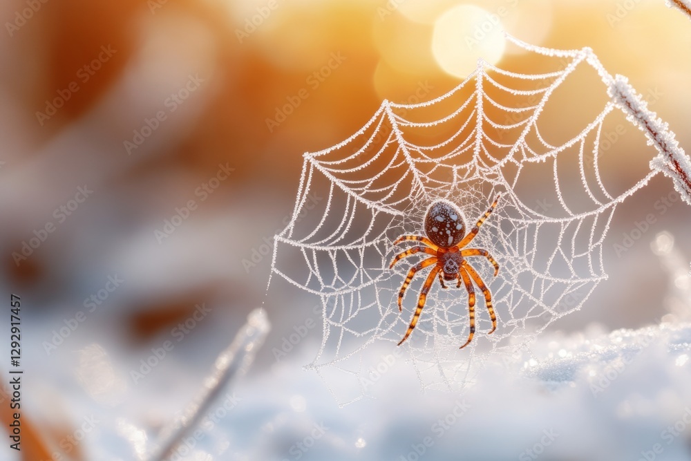 Wall mural a close-up of a spider web covered in frost, with intricate patterns sparkling in the cold morning l